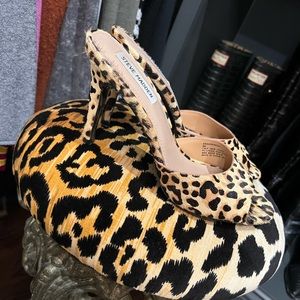 Steve Madden calf hair 8 heel slide mule leopard open toe sandal cheetah
